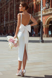White V Neck Backless Bodycon Midi Engagement Dress with Bow
