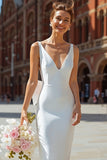 White V Neck Backless Bodycon Midi Engagement Dress with Bow