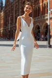 White V Neck Backless Bodycon Midi Engagement Dress with Bow