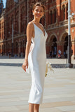 White V Neck Backless Bodycon Midi Engagement Dress with Bow