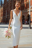 White V Neck Backless Bodycon Midi Engagement Dress with Bow