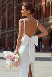 White V Neck Backless Bodycon Midi Engagement Dress with Bow