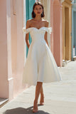 White Off the Shoulder A Line Midi Engagement Dress with Bows