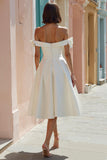 White Off the Shoulder A Line Midi Engagement Dress with Bows