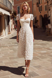 Ivory Floral A Line Midi Engagement Dress with Appliques
