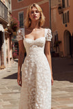 Ivory Floral A Line Midi Engagement Dress with Appliques