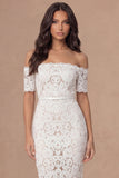 Ivory Bodycon Lace Off the Shoulder Midi Boho Engagement Dress