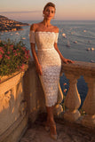 Ivory Bodycon Lace Off the Shoulder Midi Boho Engagement Dress