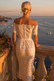 Ivory Bodycon Lace Off the Shoulder Midi Boho Engagement Dress