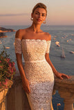 Ivory Bodycon Lace Off the Shoulder Midi Boho Engagement Dress