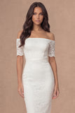 Ivory Bodycon Lace Off the Shoulder Midi Boho Engagement Dress