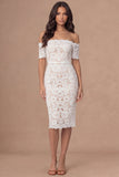 Ivory Bodycon Lace Off the Shoulder Midi Boho Engagement Dress