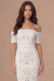 Ivory Bodycon Lace Off the Shoulder Midi Boho Engagement Dress