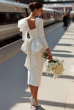 White Bodycon Ruffled Square Neck Midi Wedding Dress with Bow
