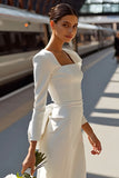 White Bodycon Ruffled Square Neck Midi Wedding Dress with Bow