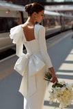White Bodycon Ruffled Square Neck Midi Wedding Dress with Bow