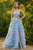 Floral Blue Ruffled Princess Tiered Chiffon Long Corset Prom Dress with Slit