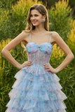 Floral Blue Ruffled Princess Tiered Chiffon Long Corset Prom Dress with Slit