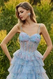 Floral Blue Ruffled Princess Tiered Chiffon Long Corset Prom Dress with Slit