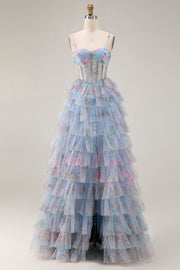 Floral Blue A Line Tiered Chiffon Long Corset Prom Dress with Slit