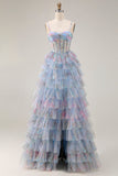 Floral Blue A Line Tiered Chiffon Long Corset Prom Dress with Slit