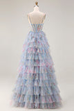 Floral Blue A Line Tiered Chiffon Long Corset Prom Dress with Slit