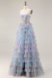 Floral Blue A Line Tiered Chiffon Long Corset Prom Dress with Slit