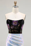 Black Lilac Floral Corset Mermaid Glitter Long Prom Dress