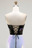 Black Lilac Floral Corset Mermaid Glitter Long Prom Dress