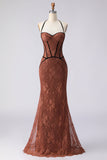 Brown Lace Mermaid Halter Neck Long Corset Prom Dress