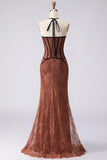 Brown Lace Mermaid Halter Neck Long Corset Prom Dress