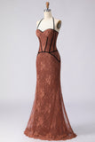 Brown Lace Mermaid Halter Neck Long Corset Prom Dress