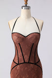 Brown Lace Mermaid Halter Neck Long Corset Prom Dress