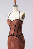 Brown Lace Mermaid Halter Neck Long Corset Prom Dress