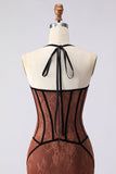 Brown Lace Mermaid Halter Neck Long Corset Prom Dress