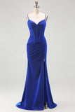 Royal Blue Corset Mermaid Long Ruched Prom Dress with Slit