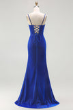 Royal Blue Corset Mermaid Long Ruched Prom Dress with Slit