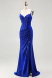 Royal Blue Corset Mermaid Long Ruched Prom Dress with Slit