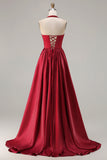 Sparkly Burgundy Satin A-Line Halter Long Prom Dress with Sequin