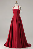 Sparkly Burgundy Satin A-Line Halter Long Prom Dress with Sequin