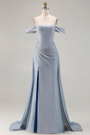 Dusty Blue Ruched Off the Shoulder Long Corset Prom Dress with Slit