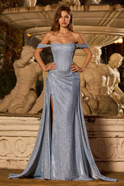 Sparkly Dusty Blue Ruched Off the Shoulder Maxi Corset Prom Dress with Cape