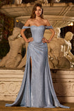 Sparkly Dusty Blue Ruched Off the Shoulder Maxi Corset Prom Dress with Cape