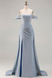 Sparkly Dusty Blue Ruched Off the Shoulder Maxi Corset Prom Dress with Cape