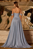 Sparkly Dusty Blue Ruched Off the Shoulder Maxi Corset Prom Dress with Cape