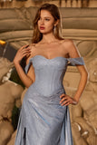 Sparkly Dusty Blue Ruched Off the Shoulder Maxi Corset Prom Dress with Cape