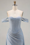Dusty Blue Ruched Off the Shoulder Long Corset Prom Dress with Slit