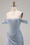 Dusty Blue Ruched Off the Shoulder Long Corset Prom Dress with Slit