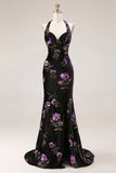 Sparkly Black Floral Halter Mermaid Long Prom Dress with Slit