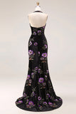 Sparkly Black Floral Halter Mermaid Long Prom Dress with Slit